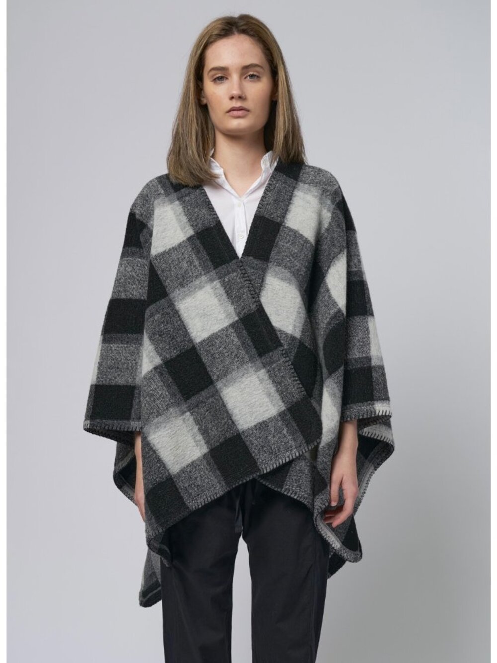 NWT Xirena Wynter Poncho Black Ash Plaid with Stitch Detail Hemming Size XS/S